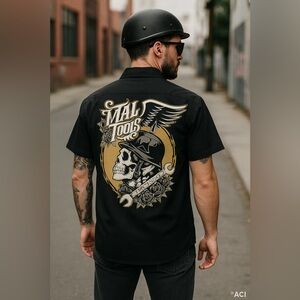 Mac Tools Large Black Graphic Work Shirt Skull Helmet Wings